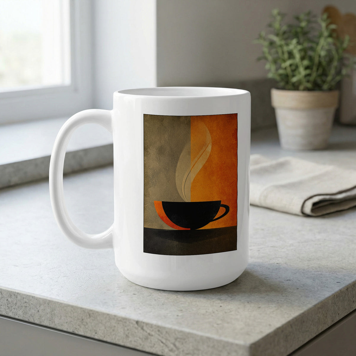 15oz Minimalist Coffee and Steam Mug on a kitchen bench featuring a black cup, cream steam and rich burnt orange background.