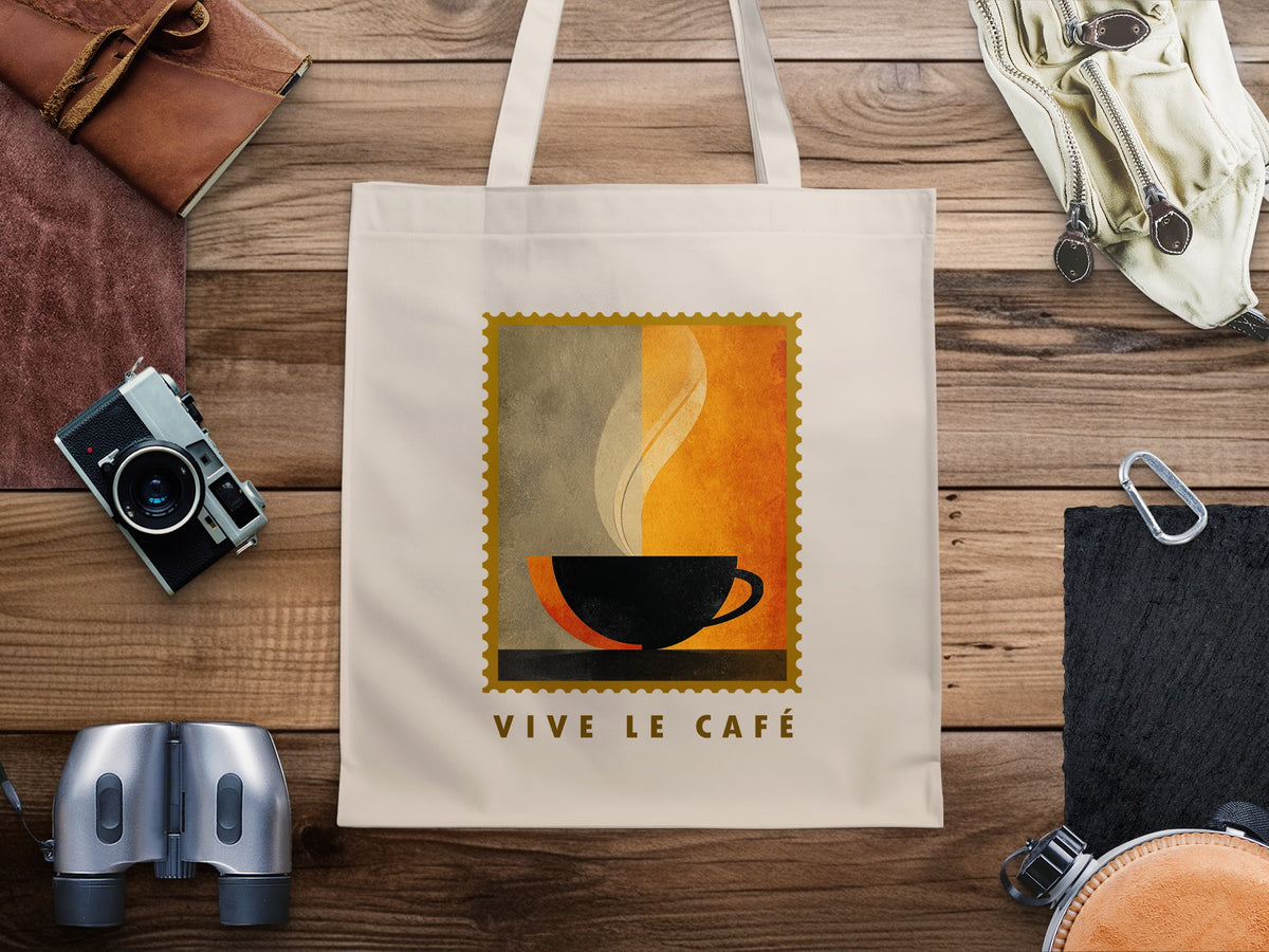 Minimalist Coffee & Steam Tote Bag with black cup silhouette, cream steam curl and gold serrated stamp border.
