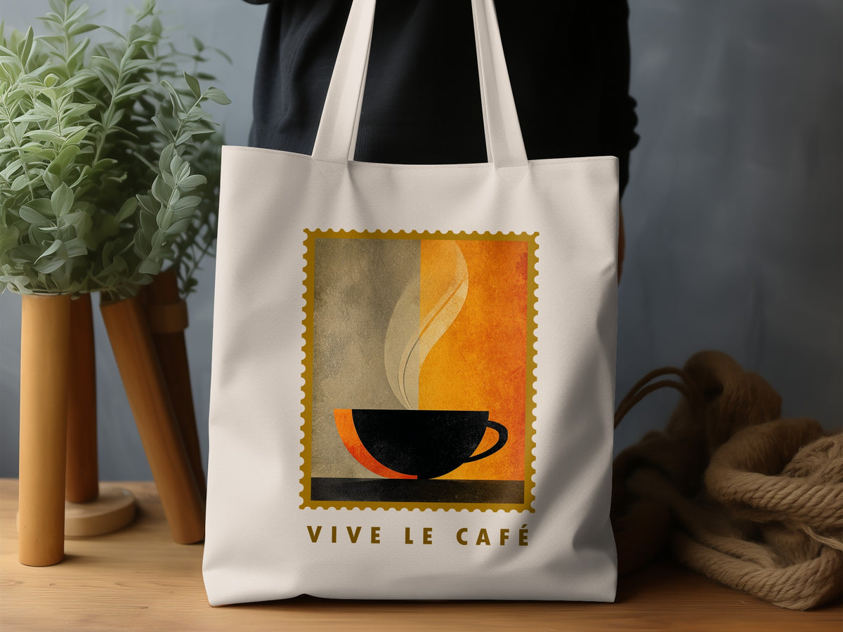 Minimalist Coffee & Steam Tote Bag with black cup silhouette, cream steam and contrasting olive-grey and burnt orange fields.