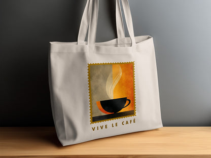 Minimalist Coffee & Steam canvas tote bag on timber sideboard with black cup, two-tone colour fields and VIVE LE CAFE subtitle.