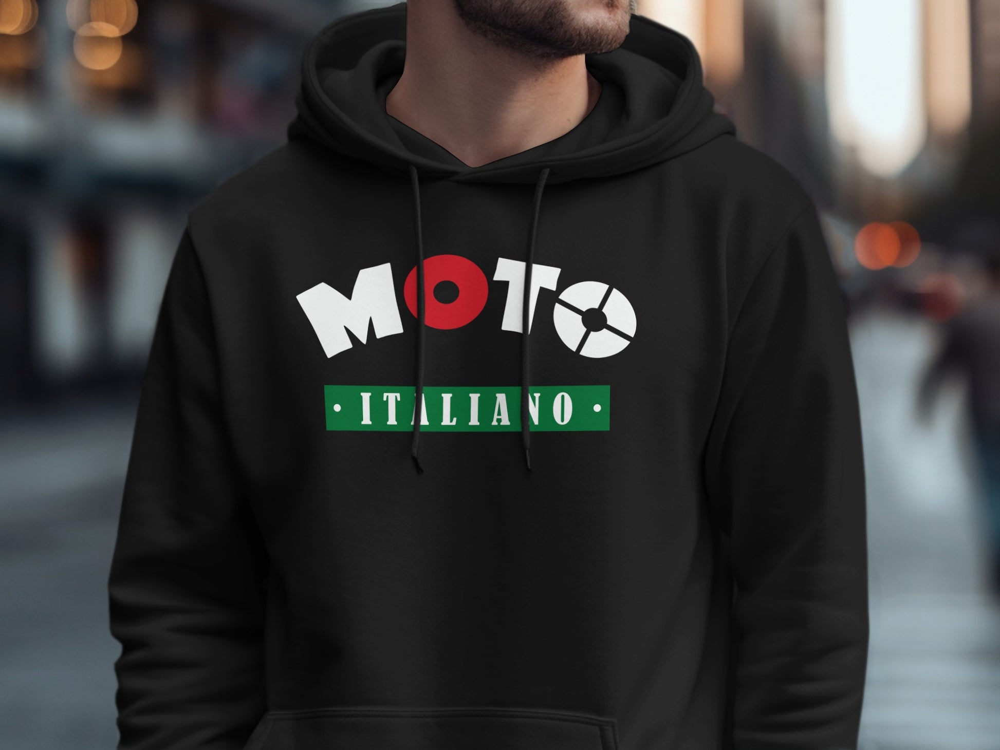 Unisex black Moto Italiano hoodie with vintage racing graphic and relaxed fit, front pouch pocket.