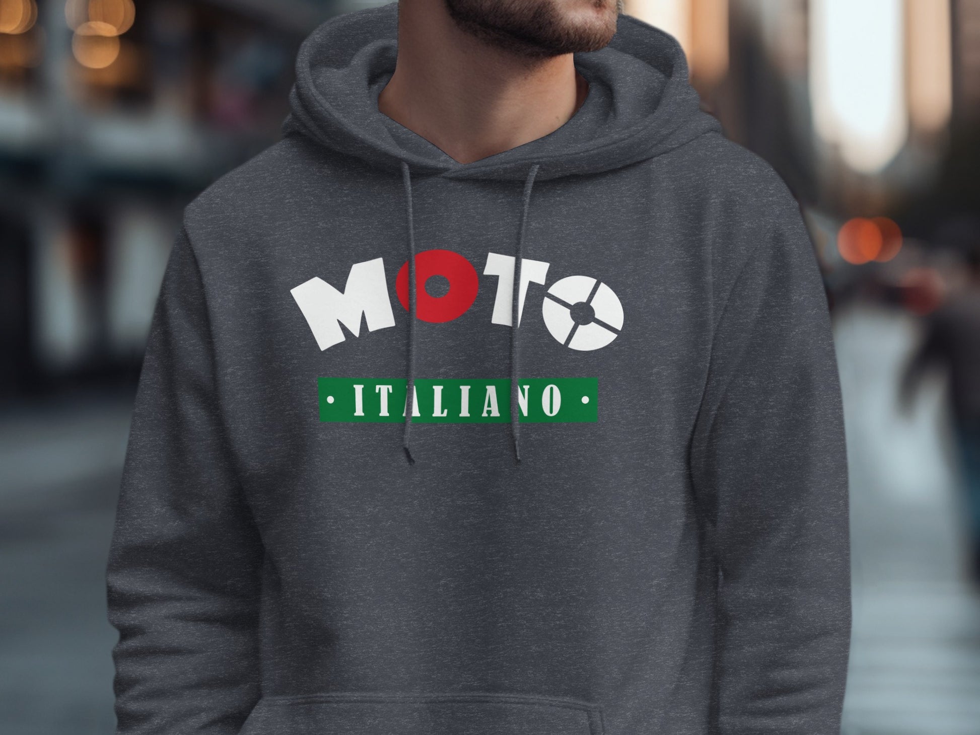 Dark heather grey Italian moto hoodie in cotton-blend fabric with pouch pocket and classic rider design.
