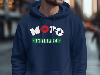 Navy Moto Italiano pullover hoodie featuring retro motorsport print, drawstring hood, and ribbed cuffs.