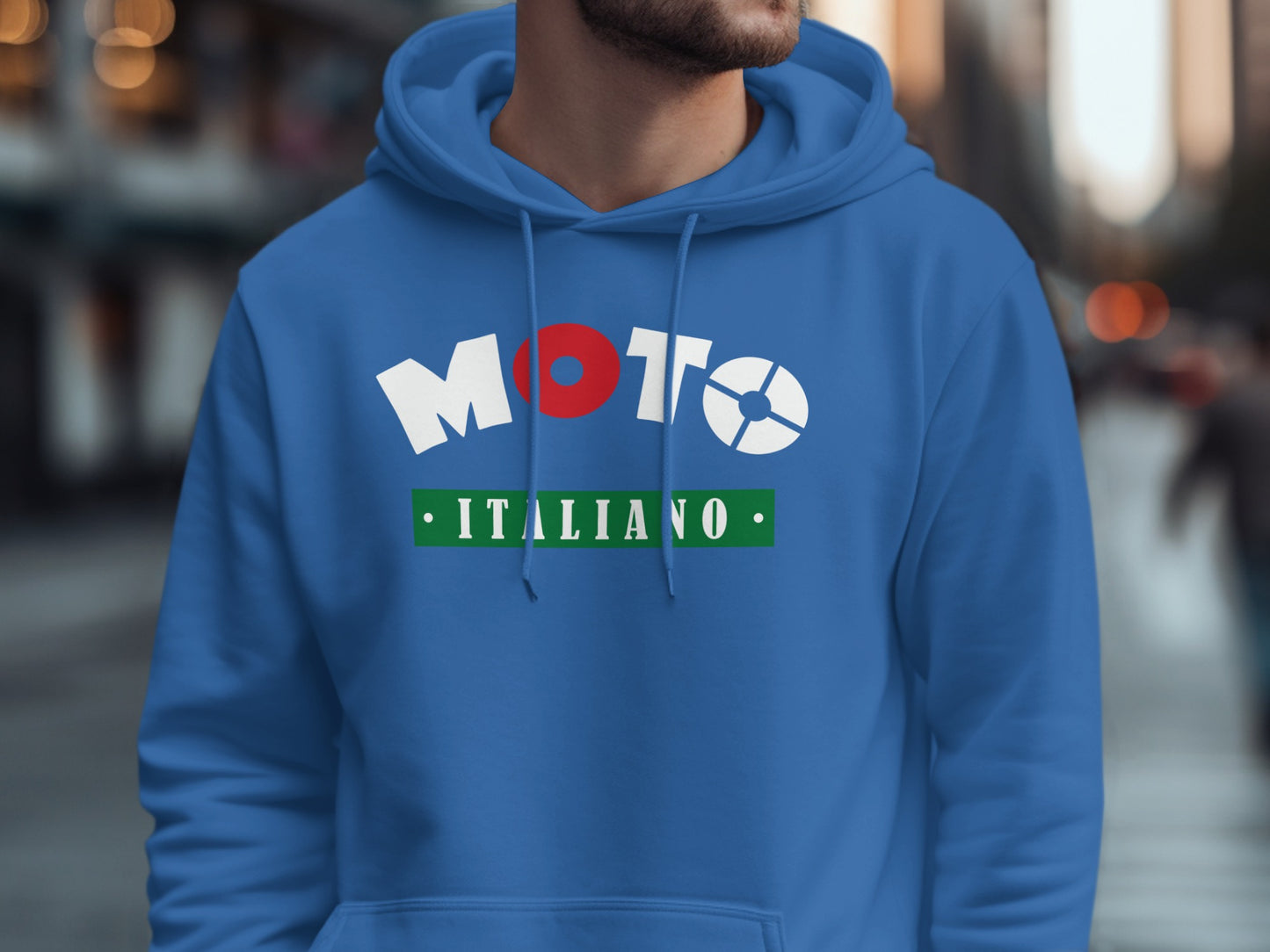 Bold royal blue Moto Italiano hoodie with racing-inspired artwork, cozy fleece lining, and casual fit for comfort.