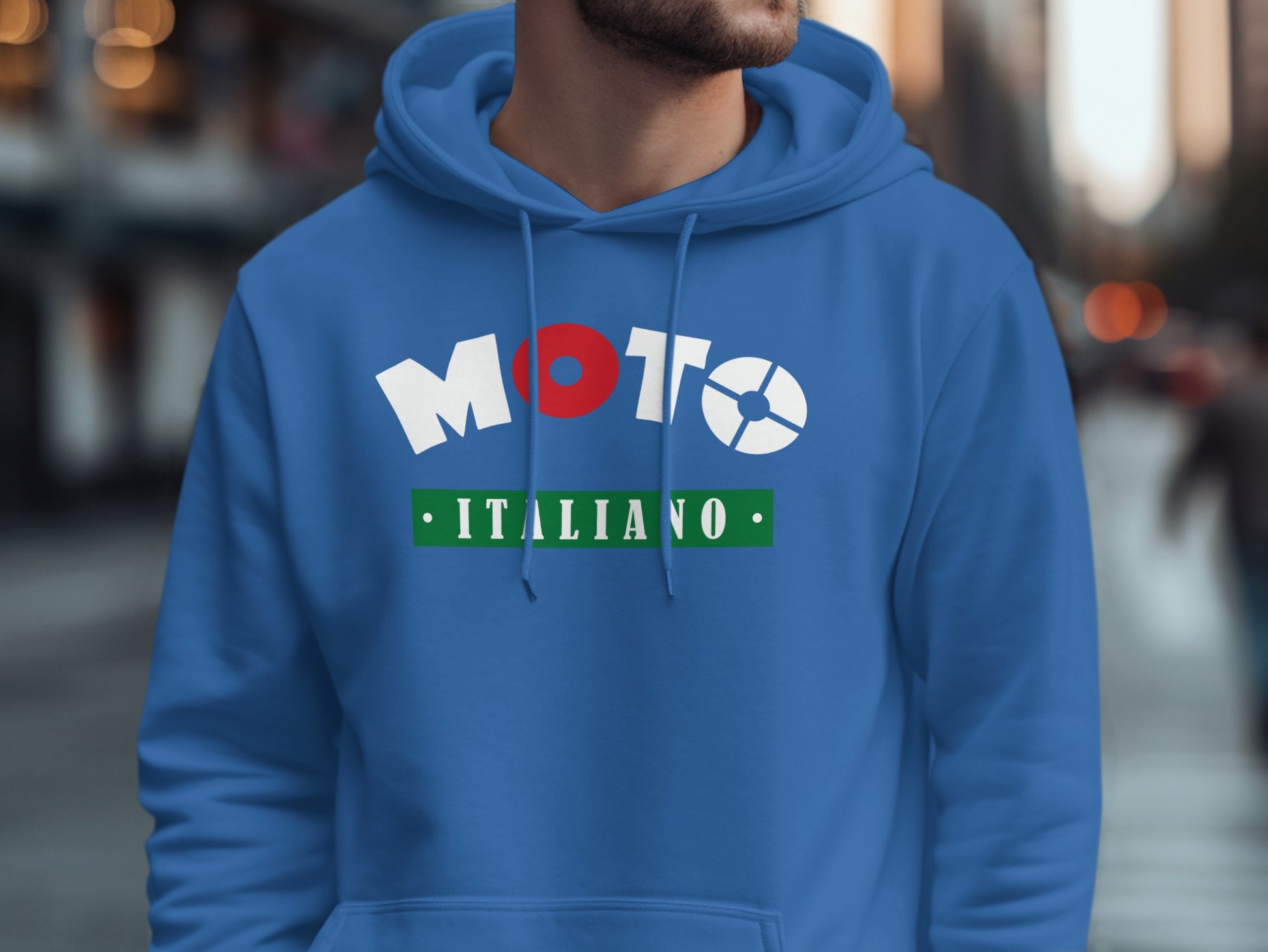 Bold royal blue Moto Italiano hoodie with racing-inspired artwork, cozy fleece lining, and casual fit for comfort.