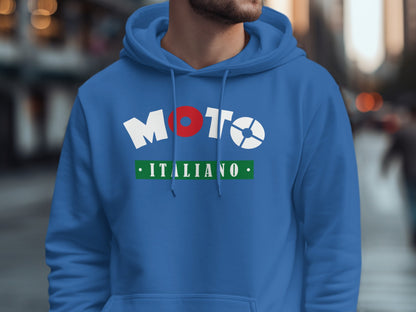 Bold royal blue Moto Italiano hoodie with racing-inspired artwork, cozy fleece lining, and casual fit for comfort.