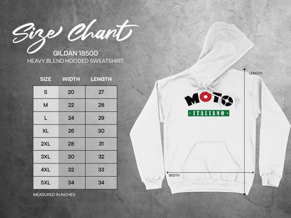Moto Italiano Hoodie size chart with chest and length measurements in inches for unisex sizes Small-3XL.