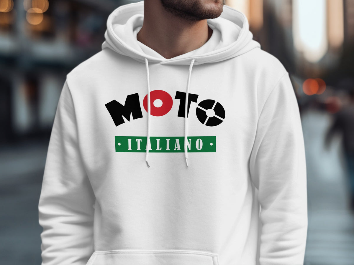 White Moto Italiano hoodie featuring Italian motorcycle typography, tricolour badge, and retro racing-inspired artwork.