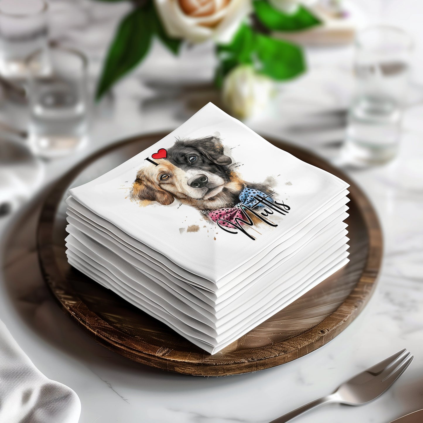 Mutt-themed napkins featuring a fun design, perfect for dog lovers' celebrations and gatherings.