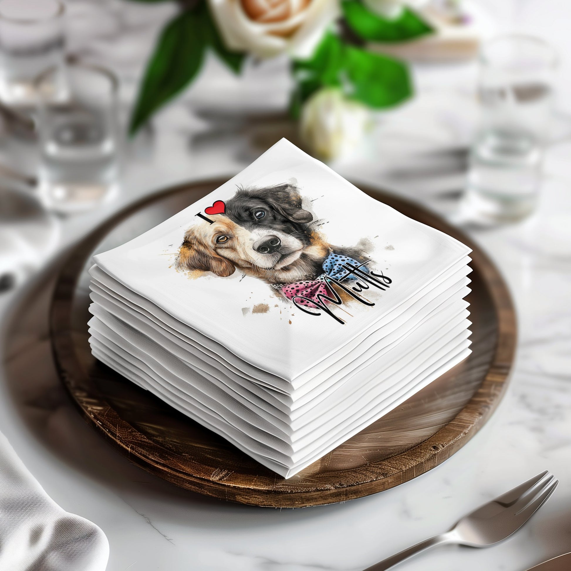 Mutt-themed napkins featuring a fun design, perfect for dog lovers' celebrations and gatherings.