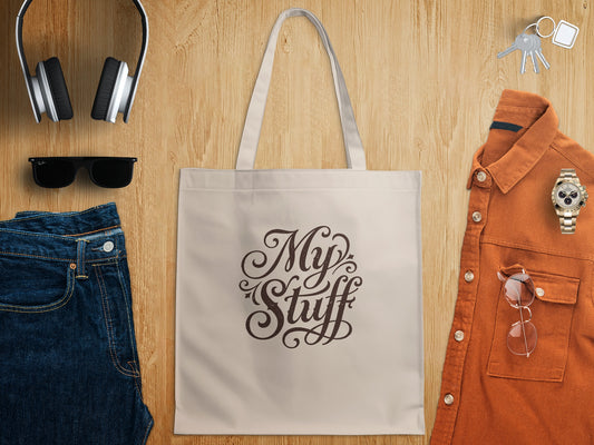 Natural-tone My Stuff Tote Bag featuring ornate Victorian typography, decorative swashes and dark brown lettering on natural canvas.