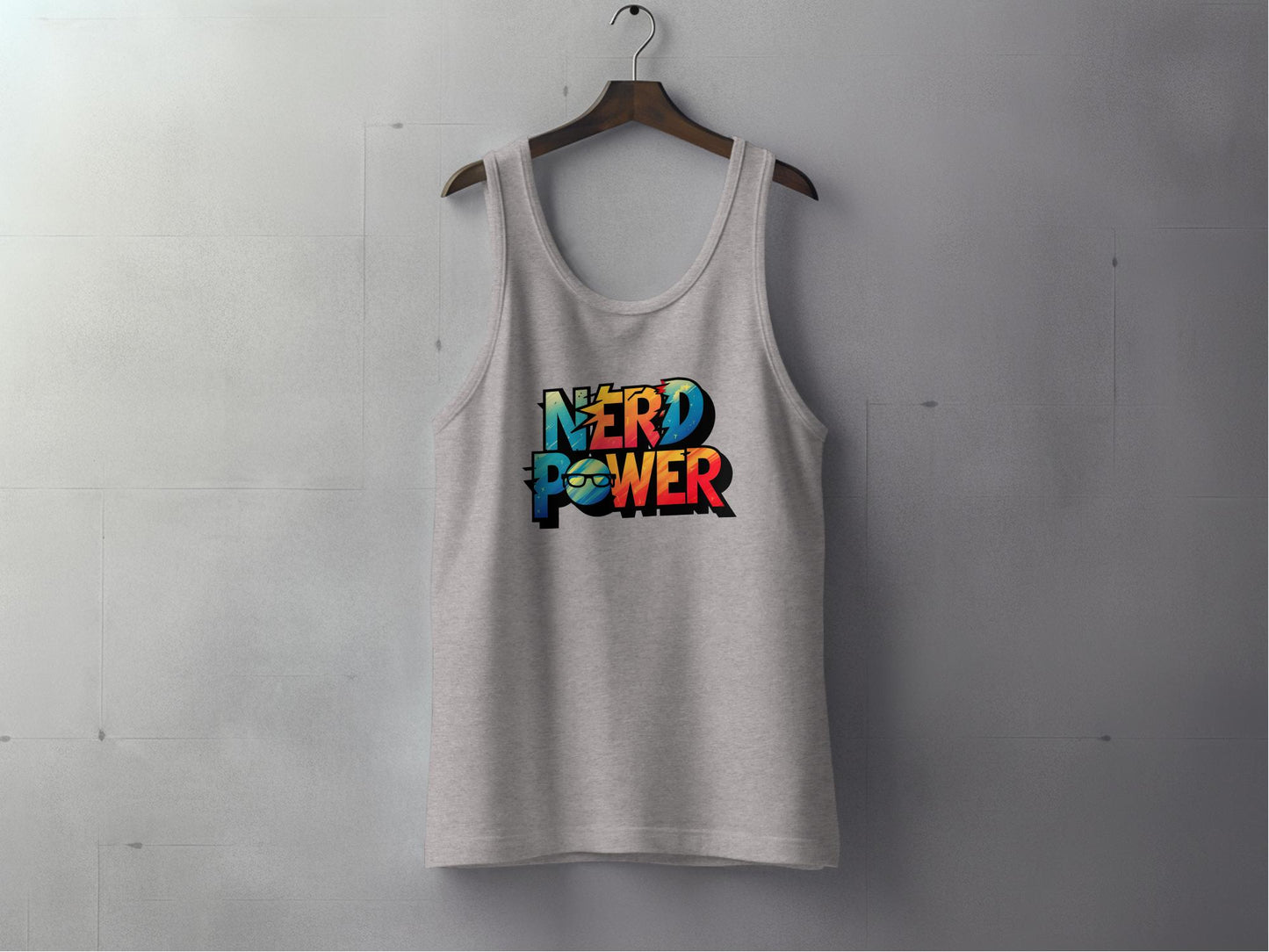 Athletic heather Nerd Power Tank Top with colourful retro arcade style Nerd Power graphic and crack-texture effect.