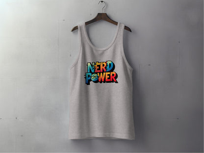 Athletic heather Nerd Power Tank Top with colourful retro arcade style Nerd Power graphic and crack-texture effect.
