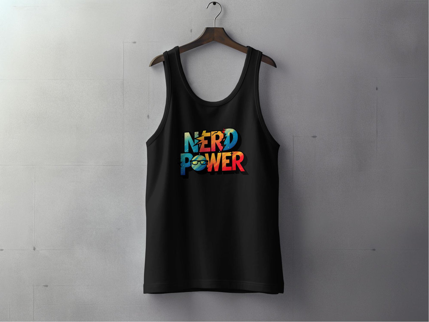 Nerd Power Tank Top in black, extra light fabric with scoop neck, unisex and relaxed for confident everyday wear.