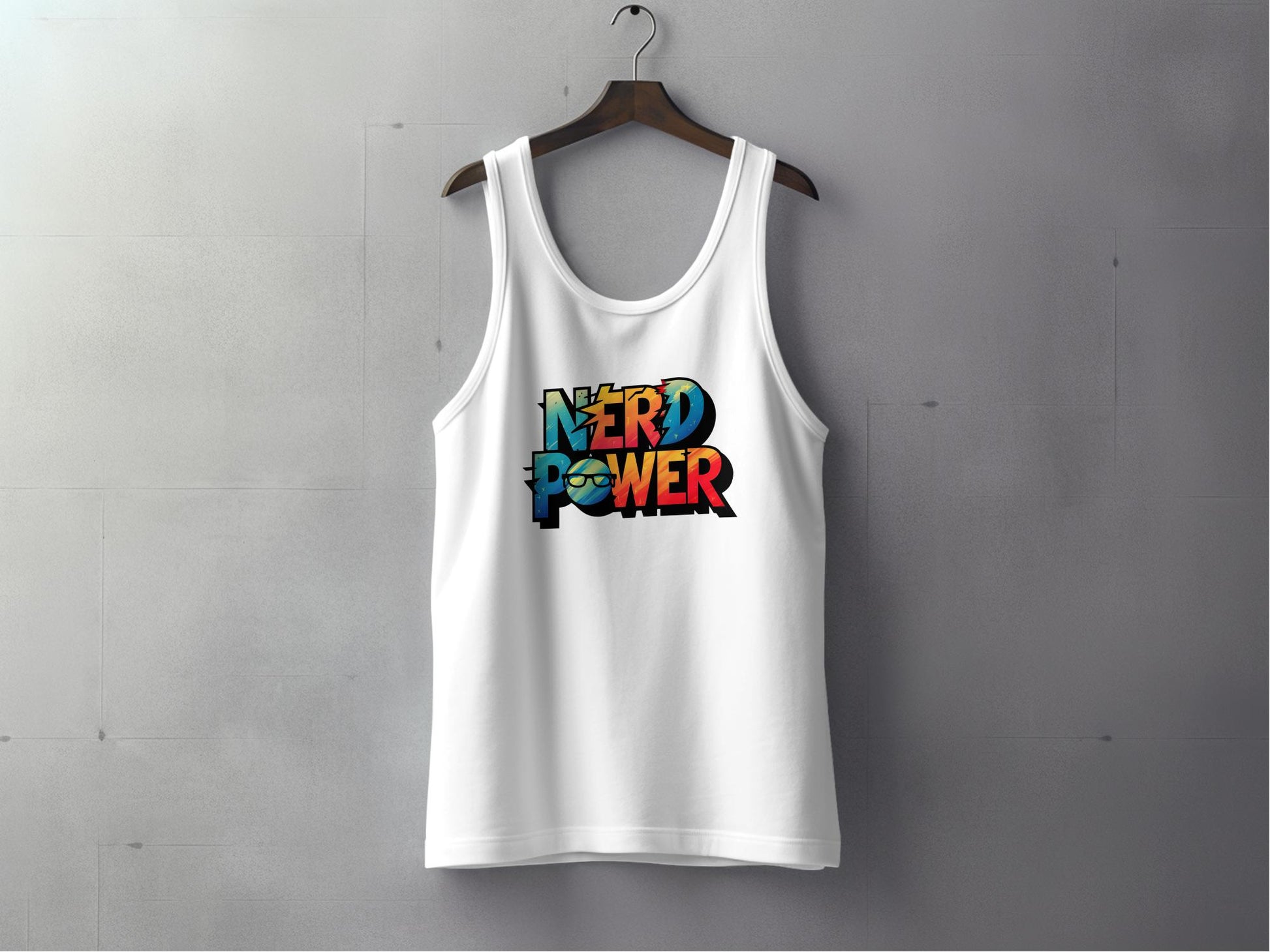 Nerd Power Tank Top in white, sleeveless cotton with scoop neck and unisex fit, perfect for bold casual looks.