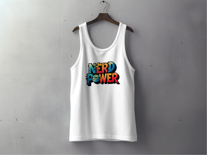 Nerd Power Tank Top in white, sleeveless cotton with scoop neck and unisex fit, perfect for bold casual looks.