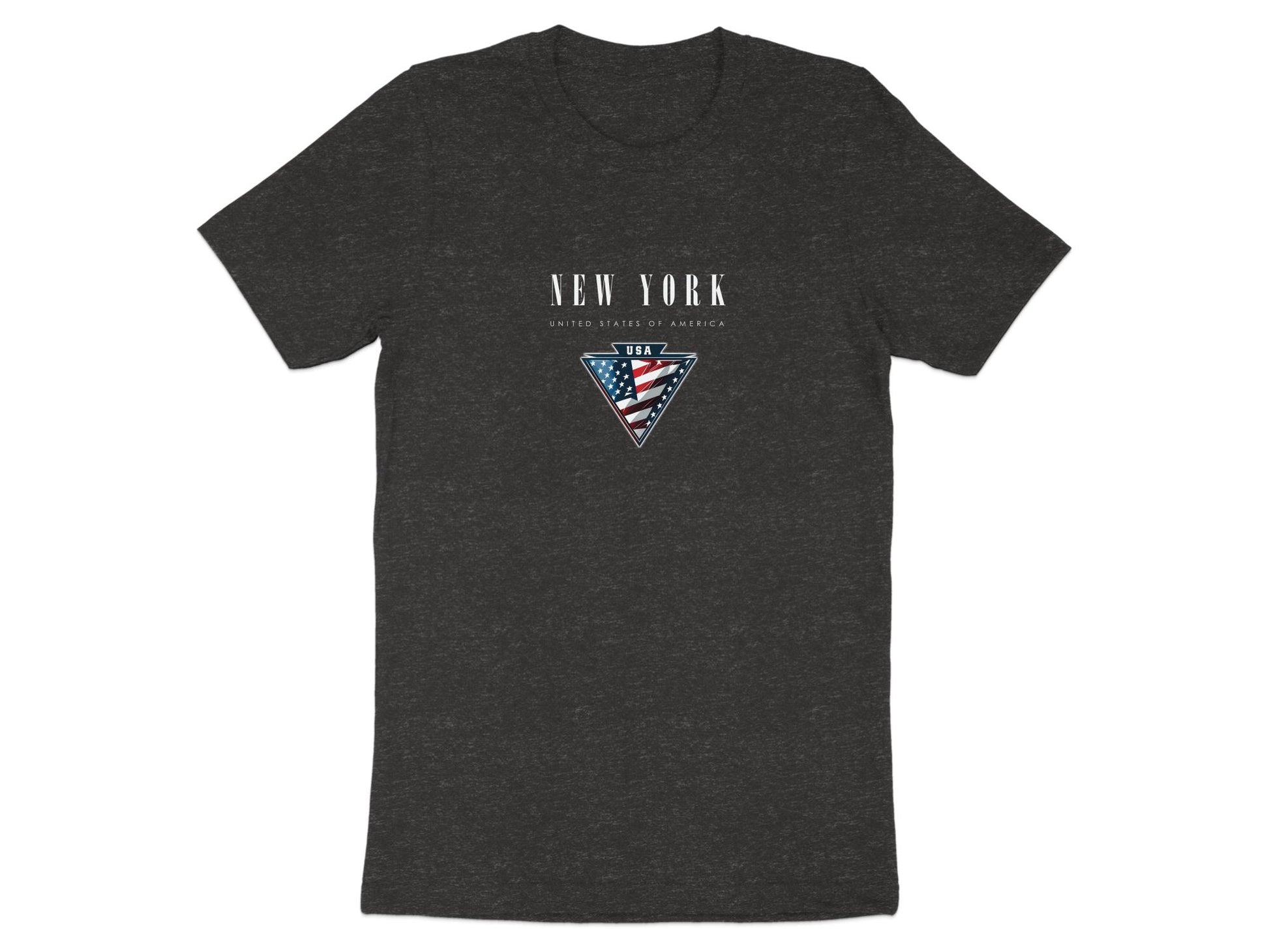 Dark heather grey New York State t‑shirt with white New York text and inverted‑triangle American flag badge in metallic border.