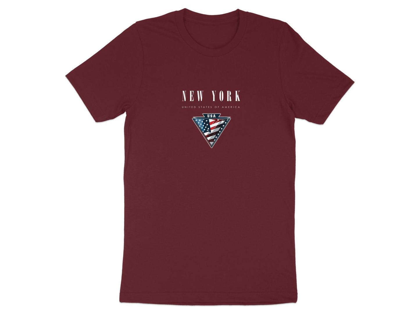 Maroon New York State t‑shirt featuring New York text and inverted‑triangle USA flag emblem with metallic‑style detailing.