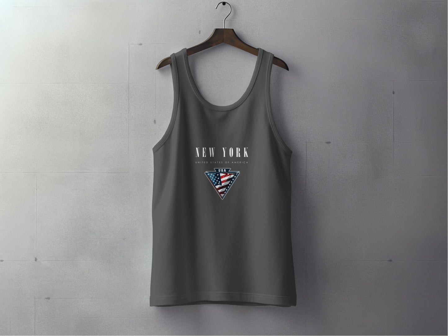 Charcoal New York State Tank Top featuring structured New York typography and red white blue flag triangle motif.