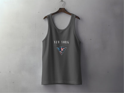 Charcoal New York State Tank Top featuring structured New York typography and red white blue flag triangle motif.