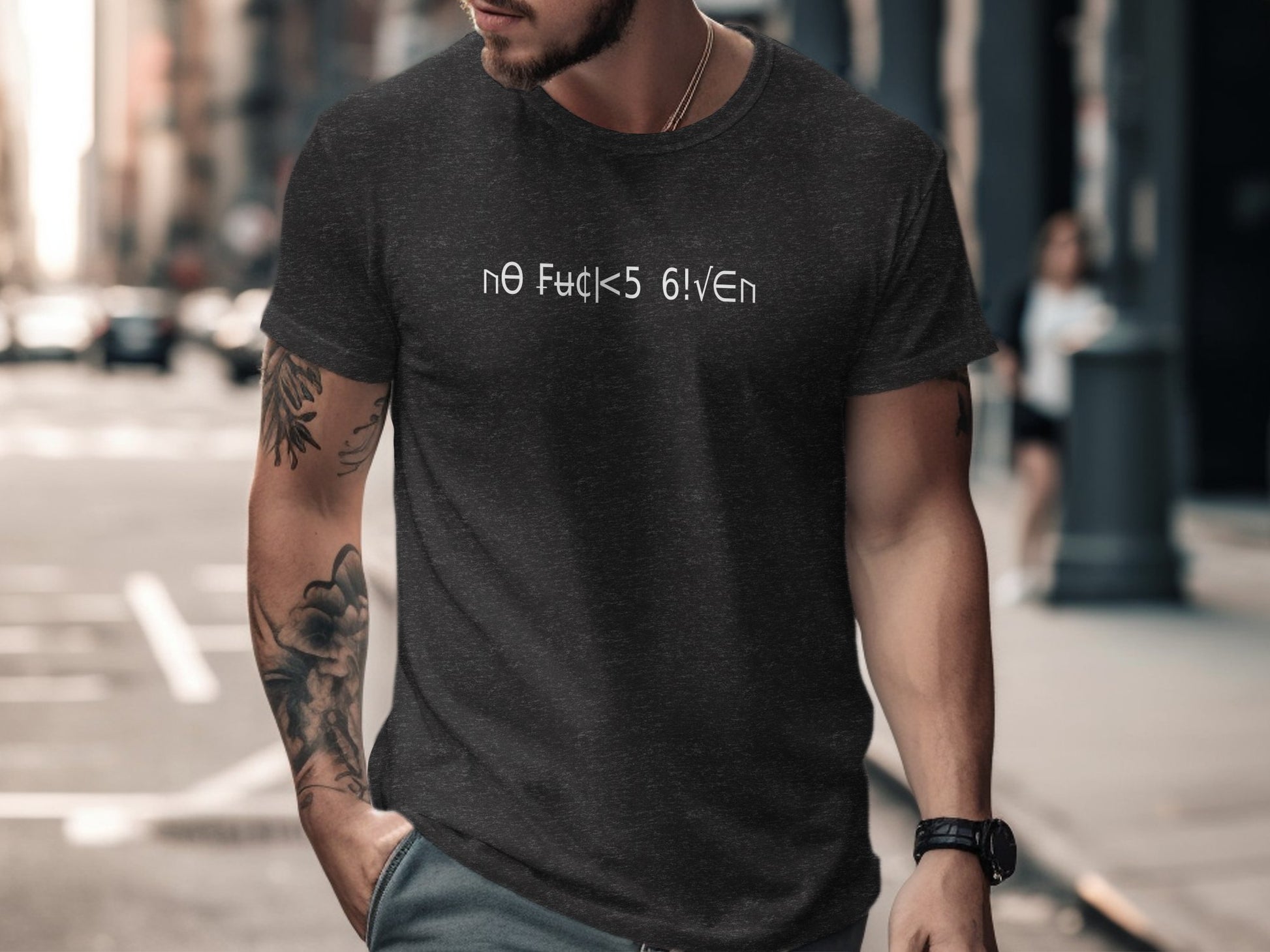 Charcoal Heather No Fcks Given T-shirt with striking graphic, soft pre-shrunk cotton, short sleeves & an easy fit.