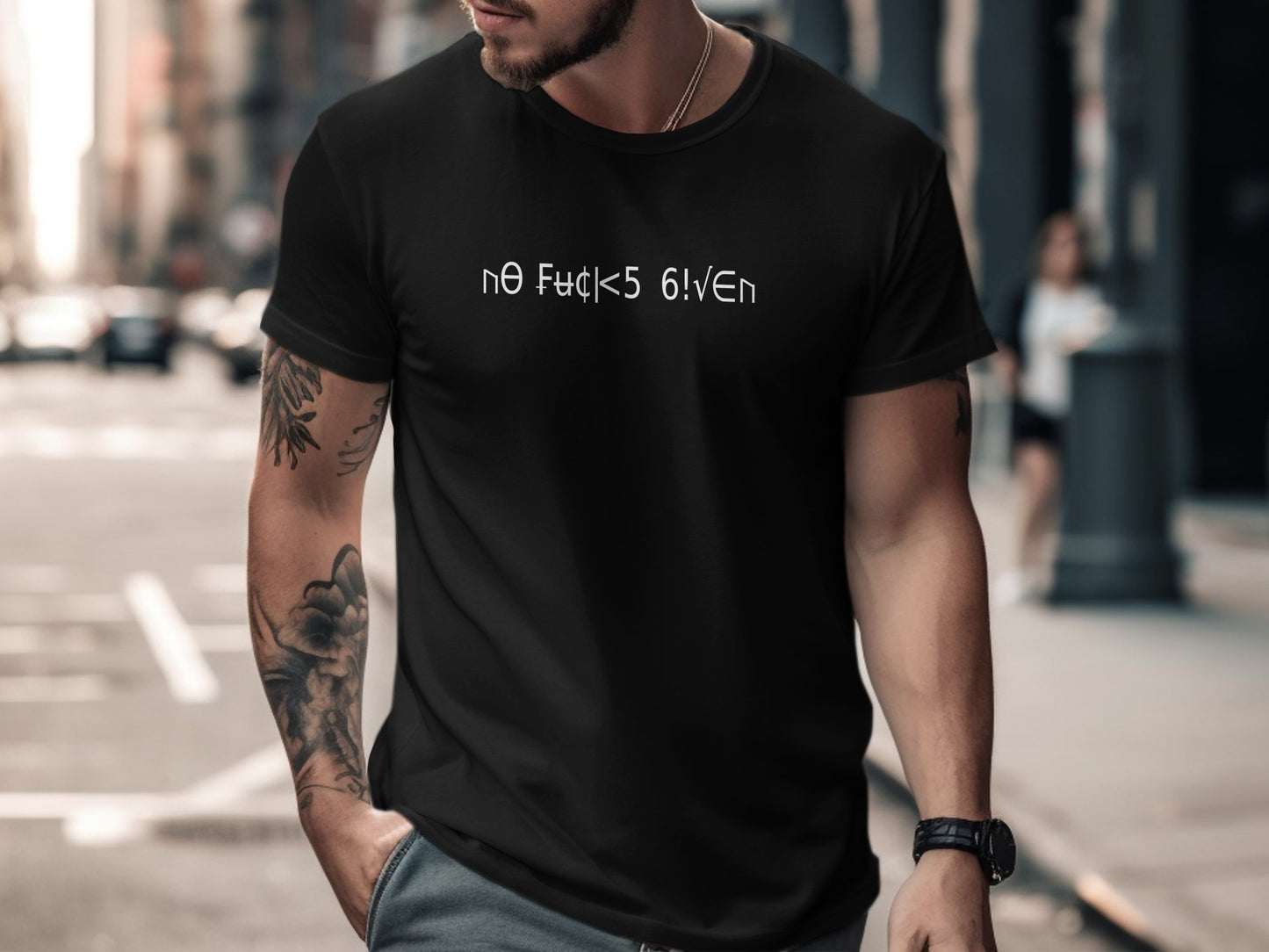 Black No Fcks Given t-shirt with centre-chest glitch-style leetspeak white typography.