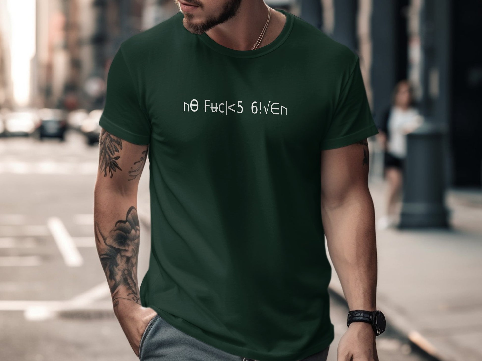 Forest green No Fcks Given T-shirt with standout graphic, soft cotton material, short sleeve, pre-shrunk comfy fit.