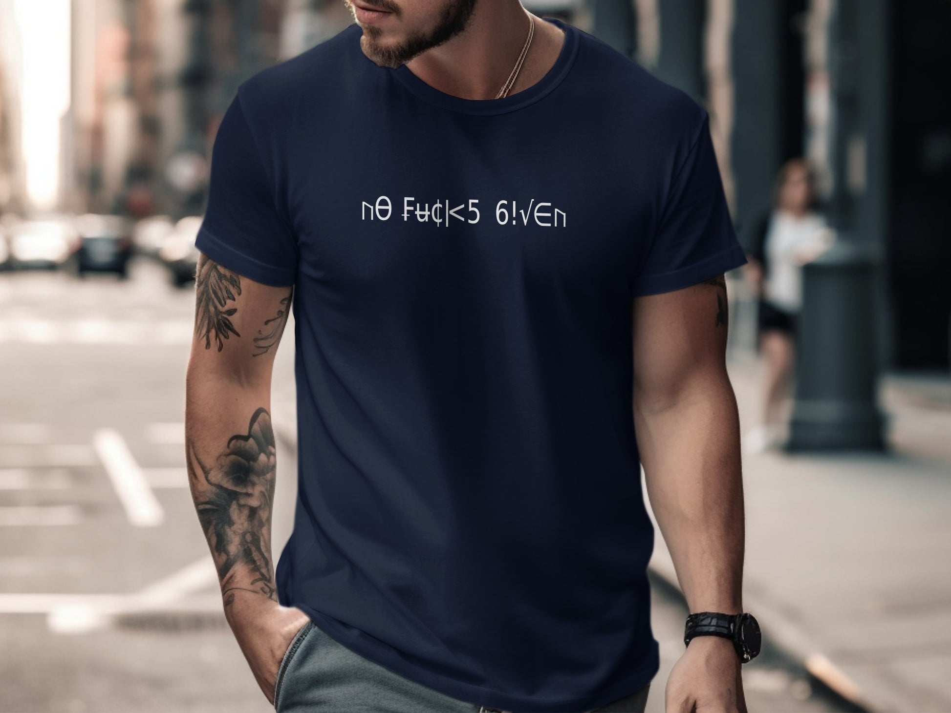 Navy No Fcks Given crewneck t-shirt with eye-catching print, made of soft cotton, short sleeve, pre-shrunk, relaxed fit.
