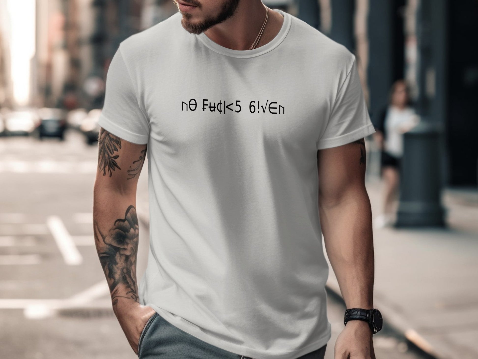 White No Fcks Given T-shirt with bold graphic, soft cotton material, short sleeve, pre-shrunk fabric, comfortable fit.
