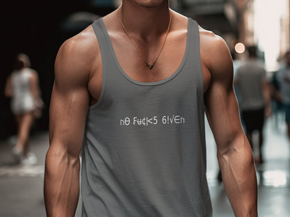 Charcoal No Fcks Given Tank Top, soft cotton blend with scoop neck and loose sleeveless unisex silhouette.