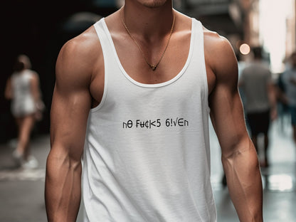 White No Fcks Given Tank Top with sleeveless cut and airy cotton feel, styled for casual confidence.