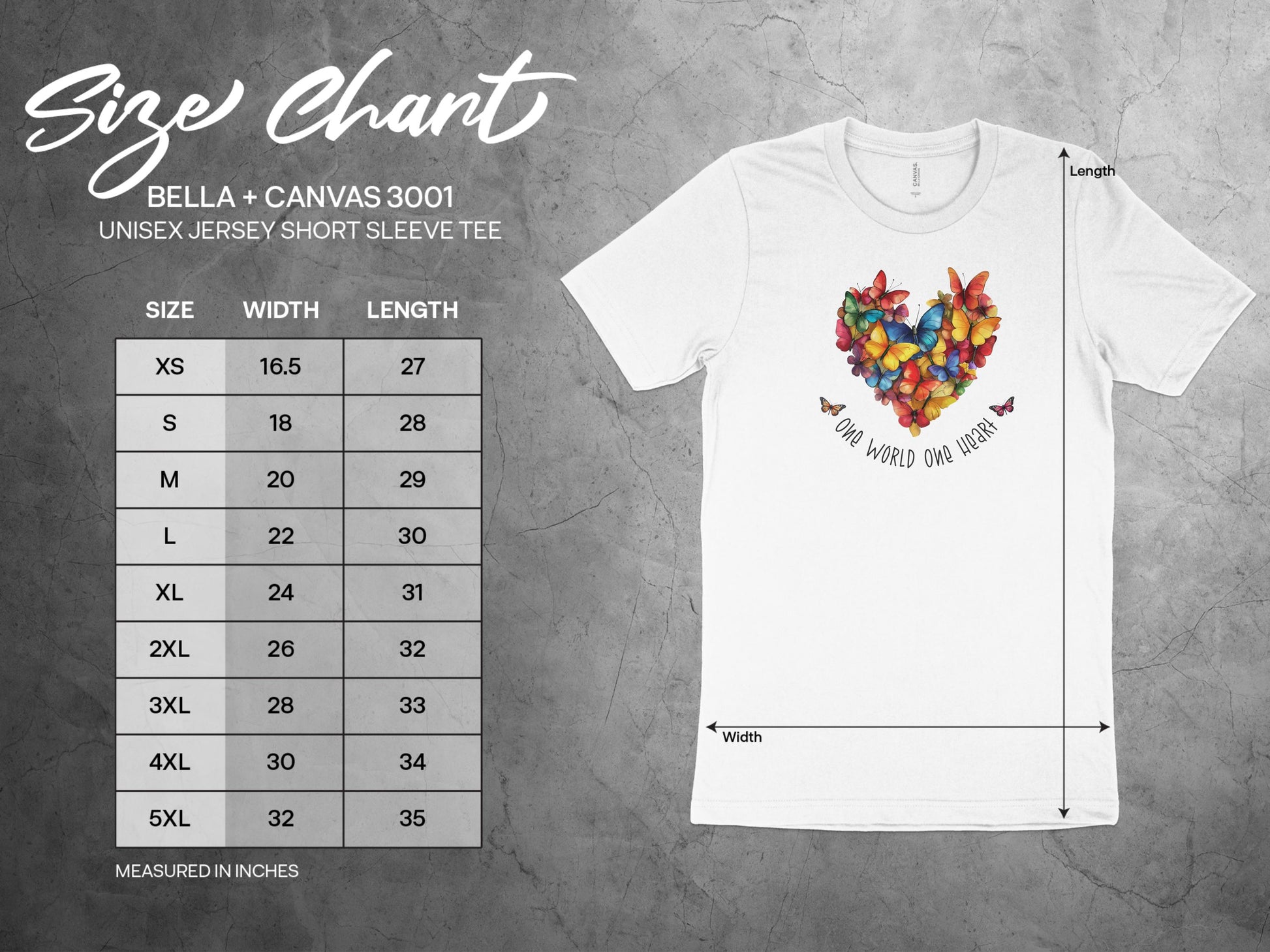 Size chart for One World One Heart t-shirt showing body length and chest width measurements in sizes small to 3XL.