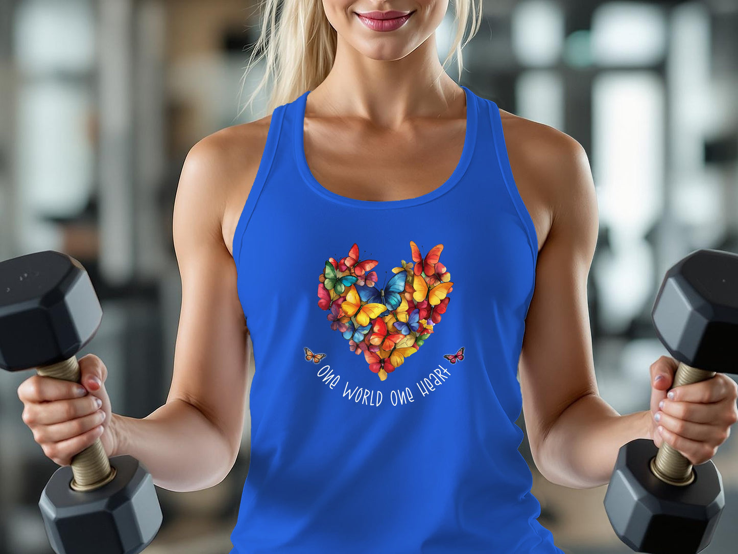 True Royal Blue One World One Heart tank top showcasing a colourful butterfly mosaic heart and flowing white script text.