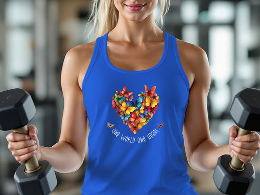 True Royal Blue One World One Heart tank top showcasing a colourful butterfly mosaic heart and flowing white script text.