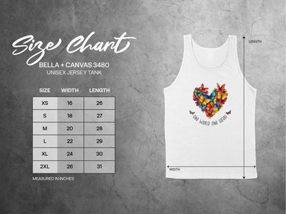 One World One Heart Tank Top size chart, from small to 2XL, offering a comfortable unisex fit for all body types.