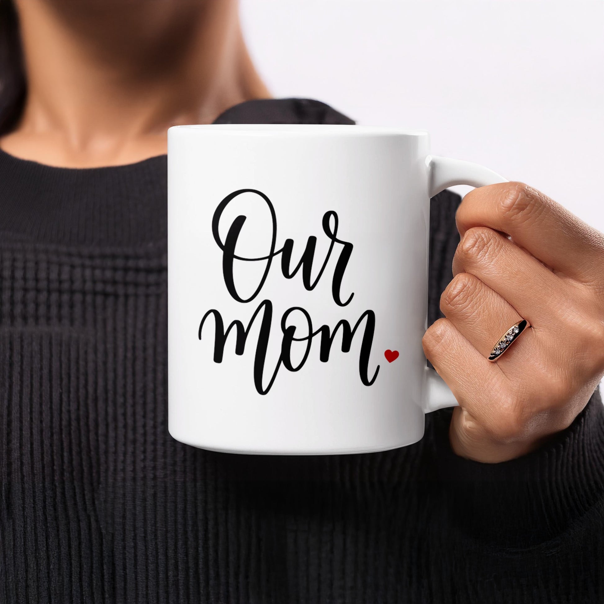 Woman holding 11oz Our Mum Heart mug, a sentimental family gift for Mother’s Day, birthdays, or everyday appreciation.