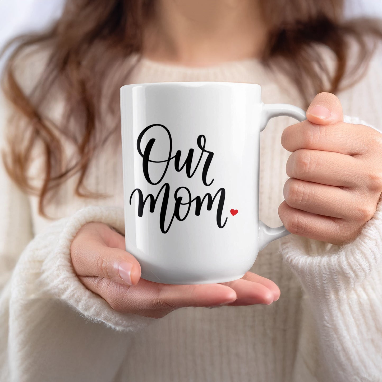 Lady holding 15oz Our Mum Heart mug, perfect for larger coffee servings and heartfelt family gifting moments.