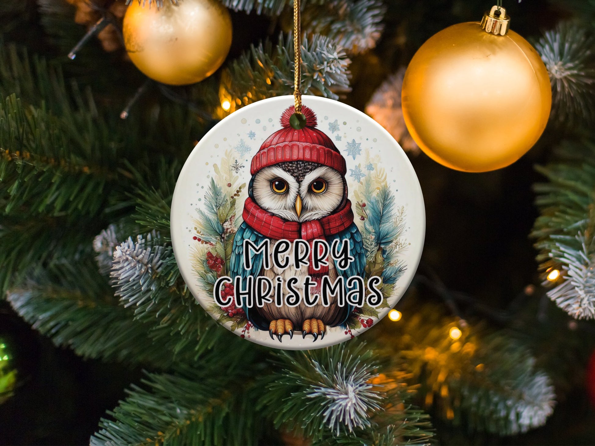 Glossy ceramic ornament with owl in winter setting, a cozy addition to your festive decorations