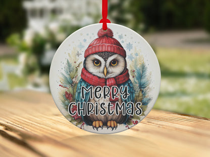 Christmas tree ornament with illustrated owl surrounded by pine foliage, berries, and festive holiday artwork.