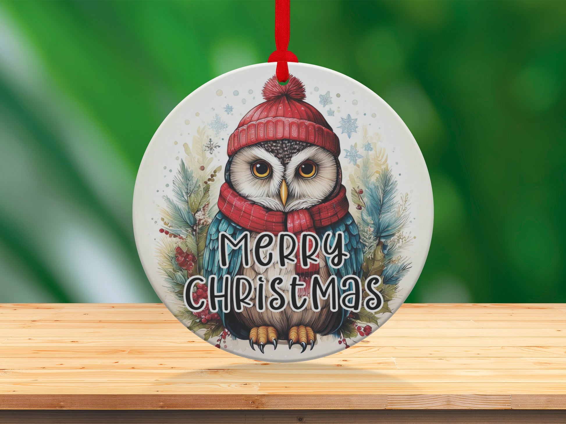 Round aluminium ornament with owl illustration, a charming and unique addition to seasonal décor