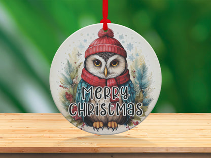 Watercolour owl holiday ornament featuring rustic woodland styling and cheerful Merry Christmas lettering.