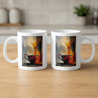 Two 11oz Painterly Steam Mugs showing both sides with matching coffee cup artwork, golden disc and flowing cream steam.