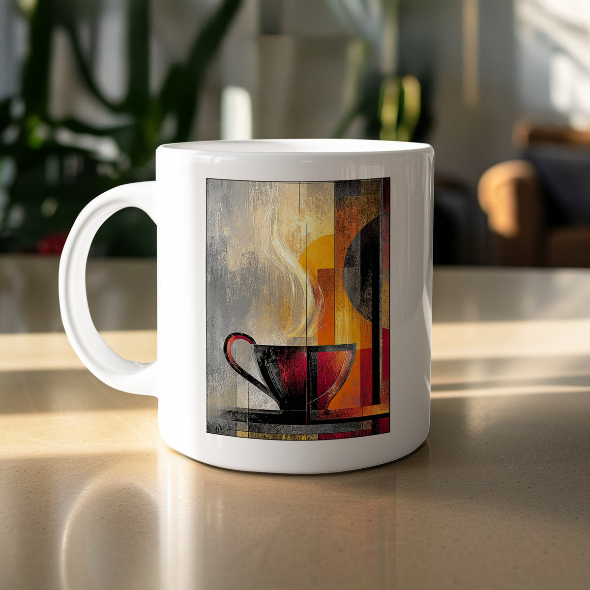 11oz Painterly Steam Mug with charcoal and red coffee cup, broad cream steam curl and large golden disc.