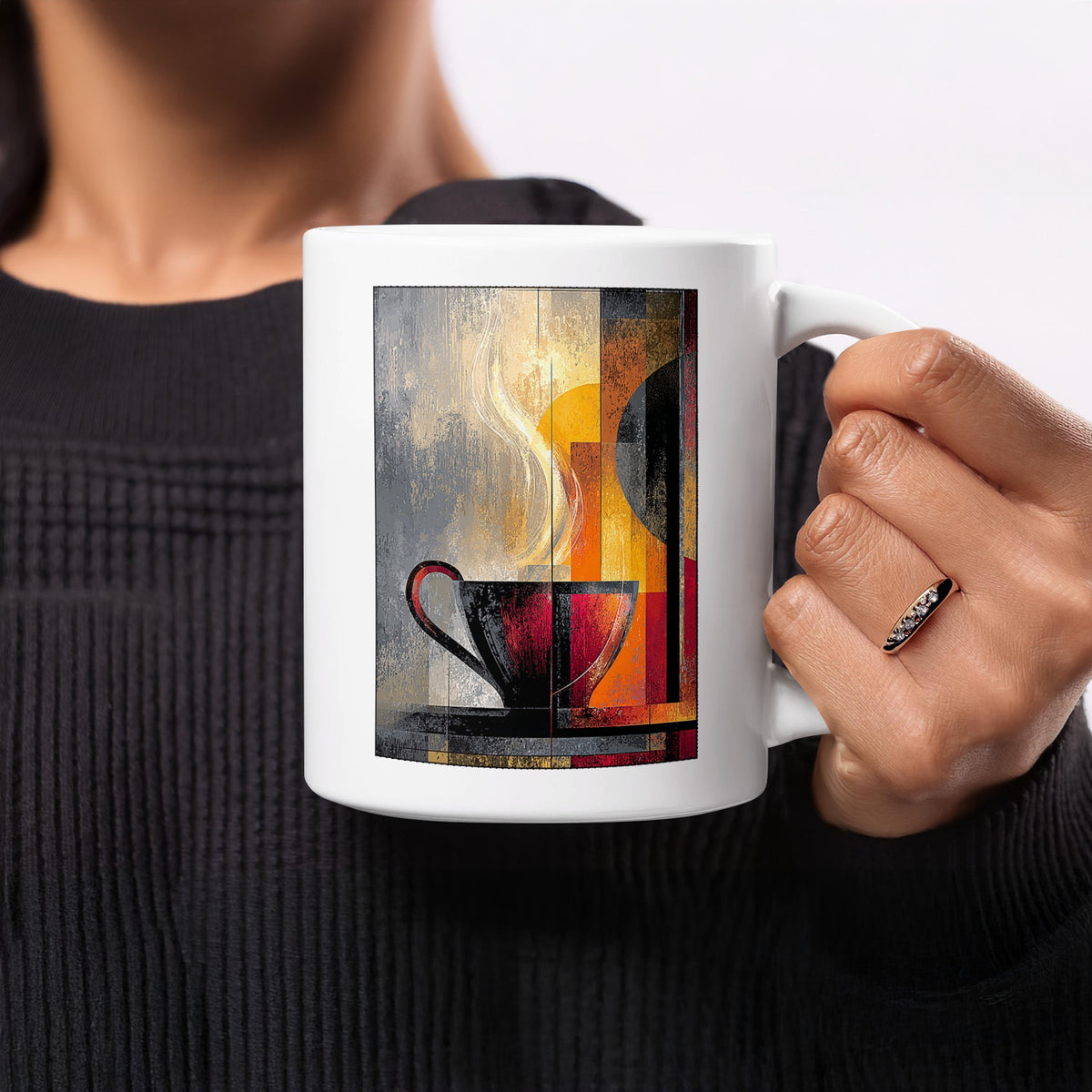 Handheld 11oz Painterly Steam Mug featuring a red-interior cup, sweeping cream steam and textured geometric panels.