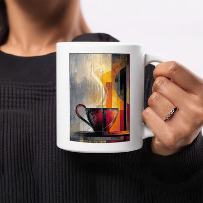 Handheld 11oz Painterly Steam Mug featuring a red-interior cup, sweeping cream steam and textured geometric panels.