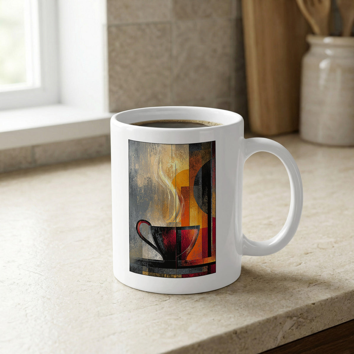 11oz Painterly Steam Mug on a kitchen bench with golden disc, broad cream steam and distressed amber-charcoal artwork.