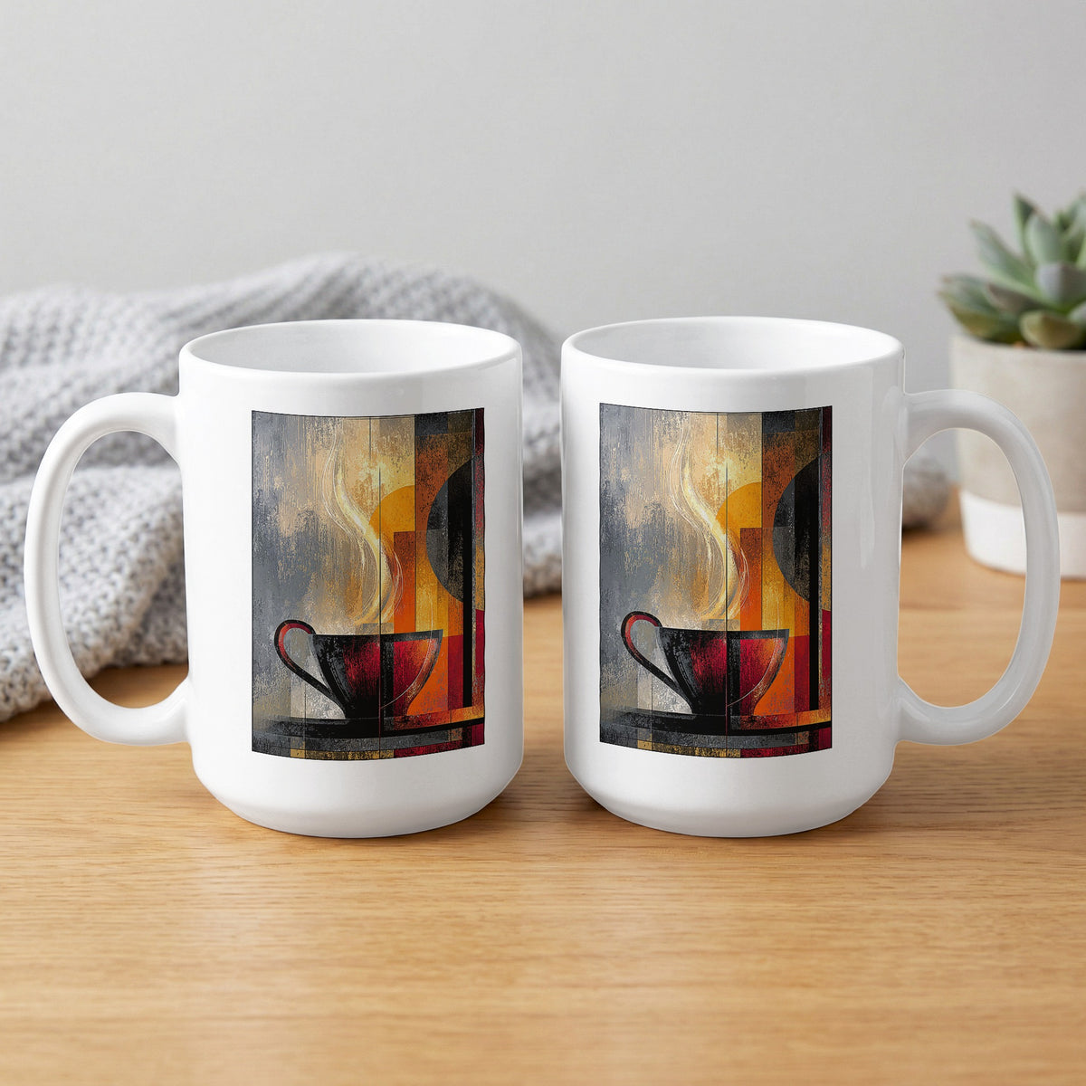 Two 15oz Painterly Steam Mugs showing both sides with charcoal and red cup, cream steam curl and layered colour panels.