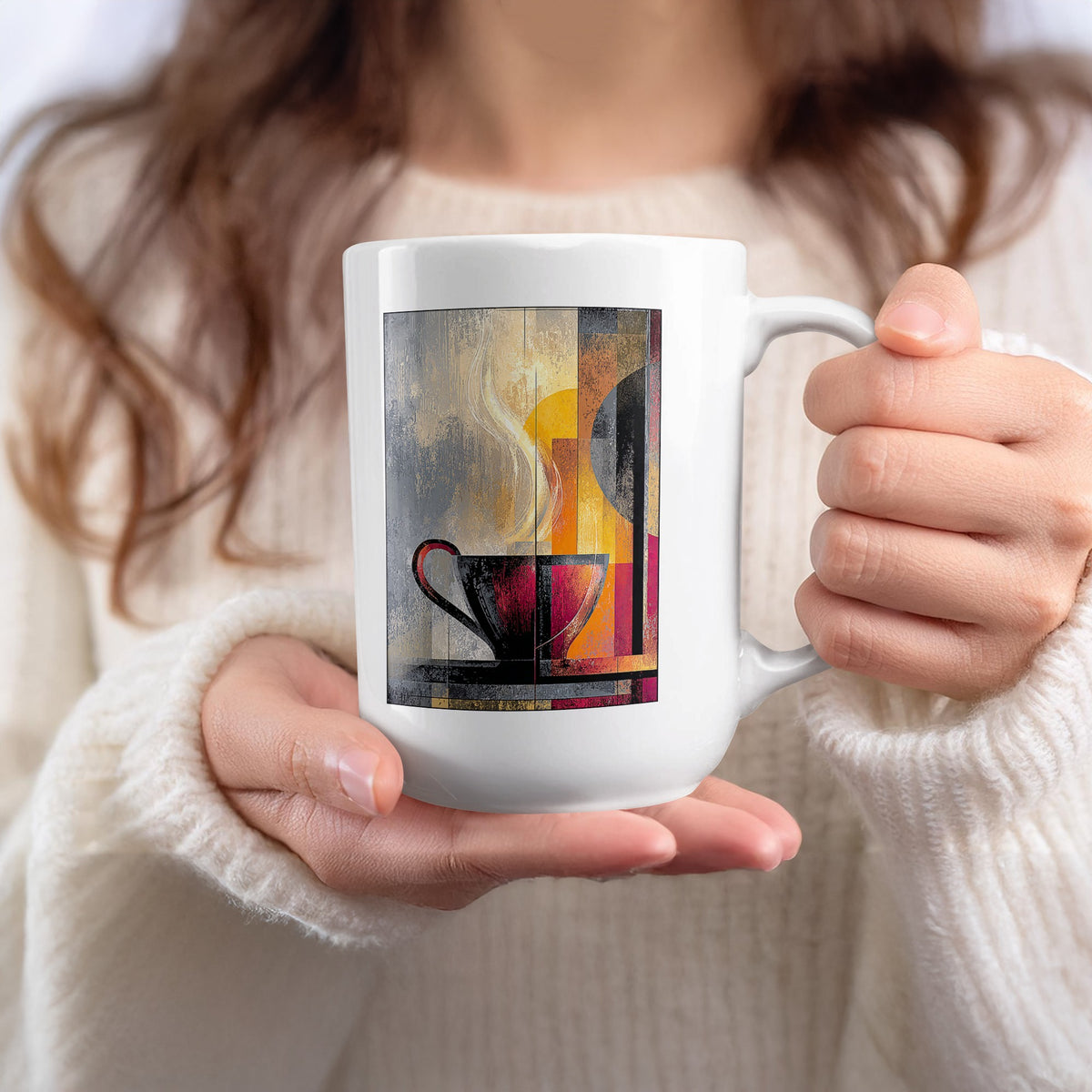 Handheld white 15oz Painterly Steam Mug with charcoal-red coffee cup, broad cream steam curl and warm golden colour fields.