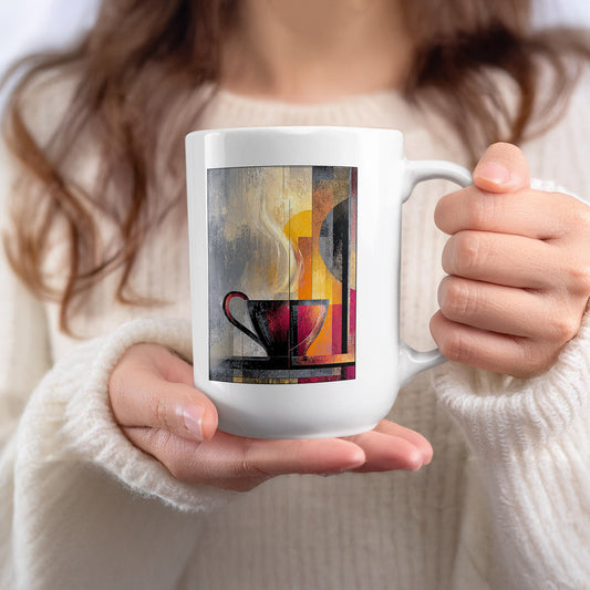 Handheld white 15oz Painterly Steam Mug with charcoal-red coffee cup, broad cream steam curl and warm golden colour fields.