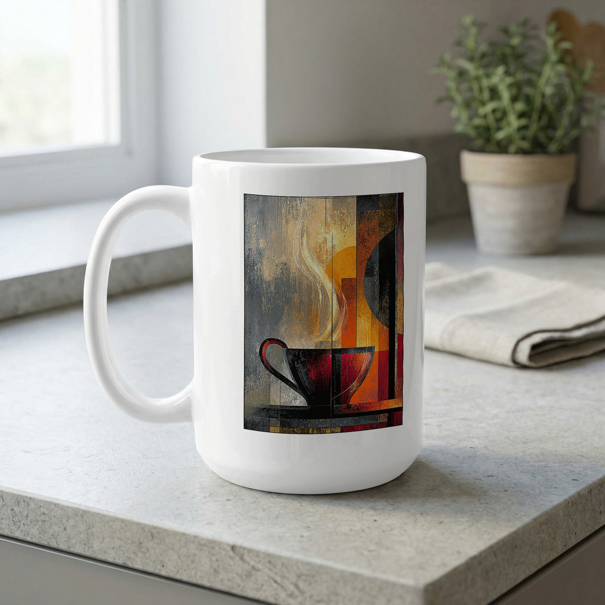 White 15oz Painterly Steam ceramic mug on a kitchen bench featuring a golden disc, sweeping steam and distressed geometric panels.